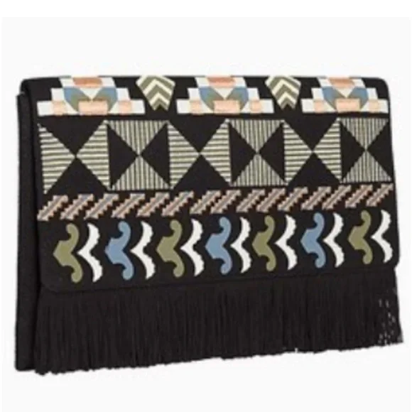 Stella & Dot Taj Clutch Cotton Credit Card Slots Snap Closure Black Embroidery - Picture 3 of 11